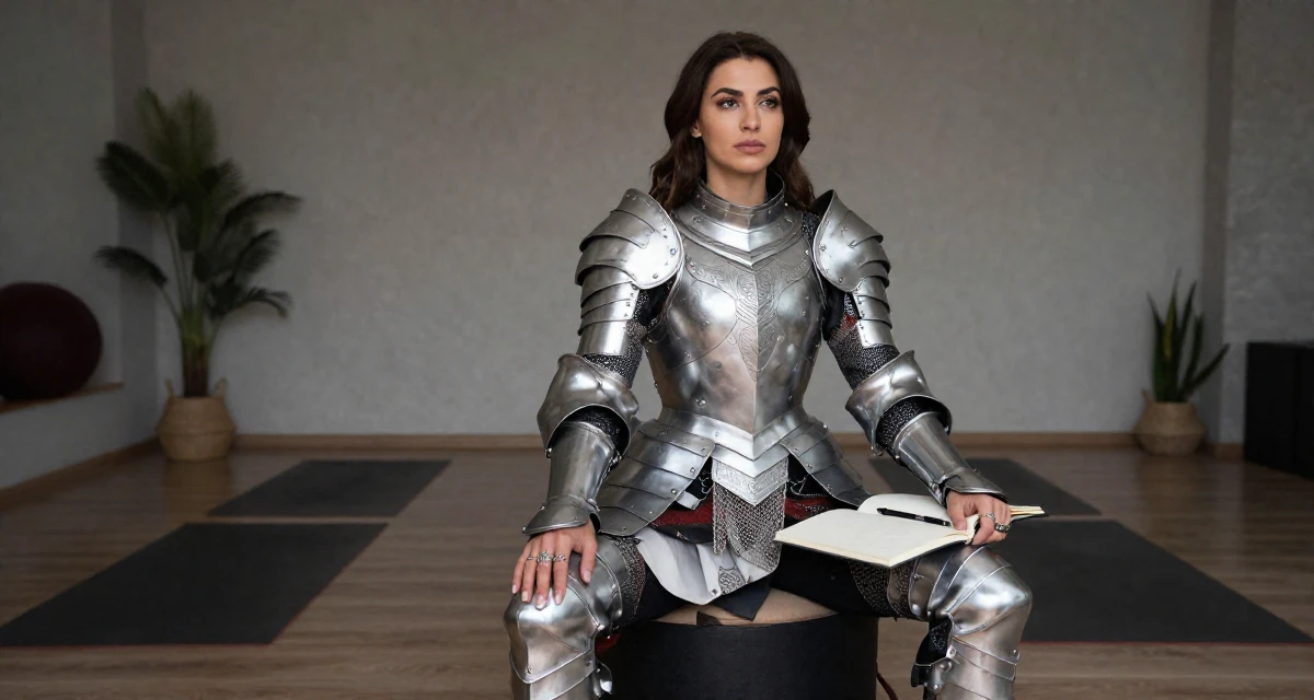 A reserved Female From Azerbaijan, majored in petroleum engineering in their 34, seeking spiritual or philosophical growth, wearing a fantasy warrior princess armor made of silver metal, playing with a ring in a yoga studio.