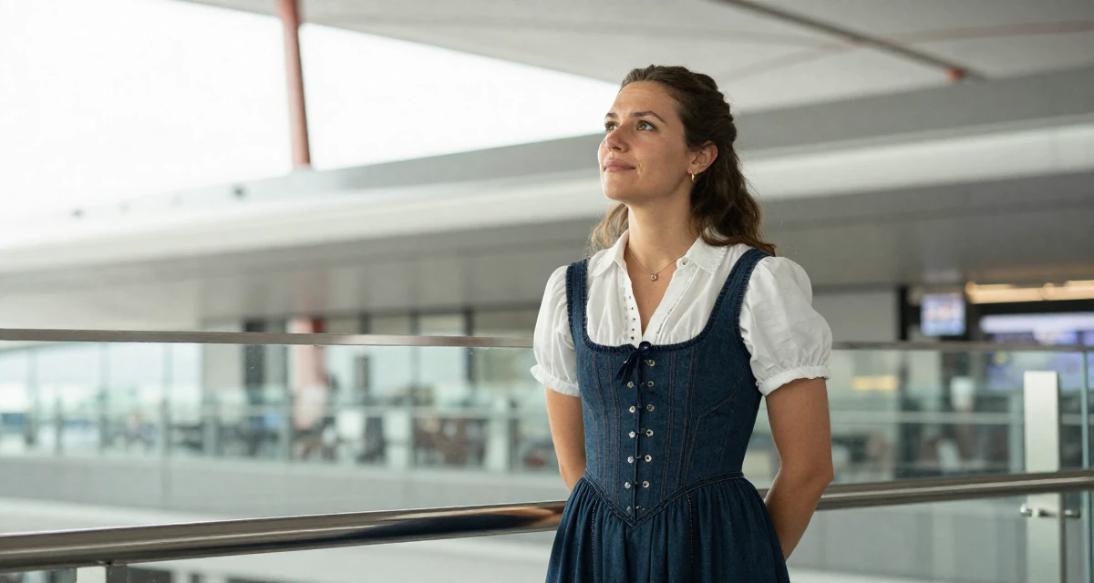 A compassionate Female From Amsterdam Netherlands, studied creative business in their 28, understanding that burnout is part of the cycle, wearing a peasant girl corset dress with a white blouse, gazing at the sky in a airport terminal.