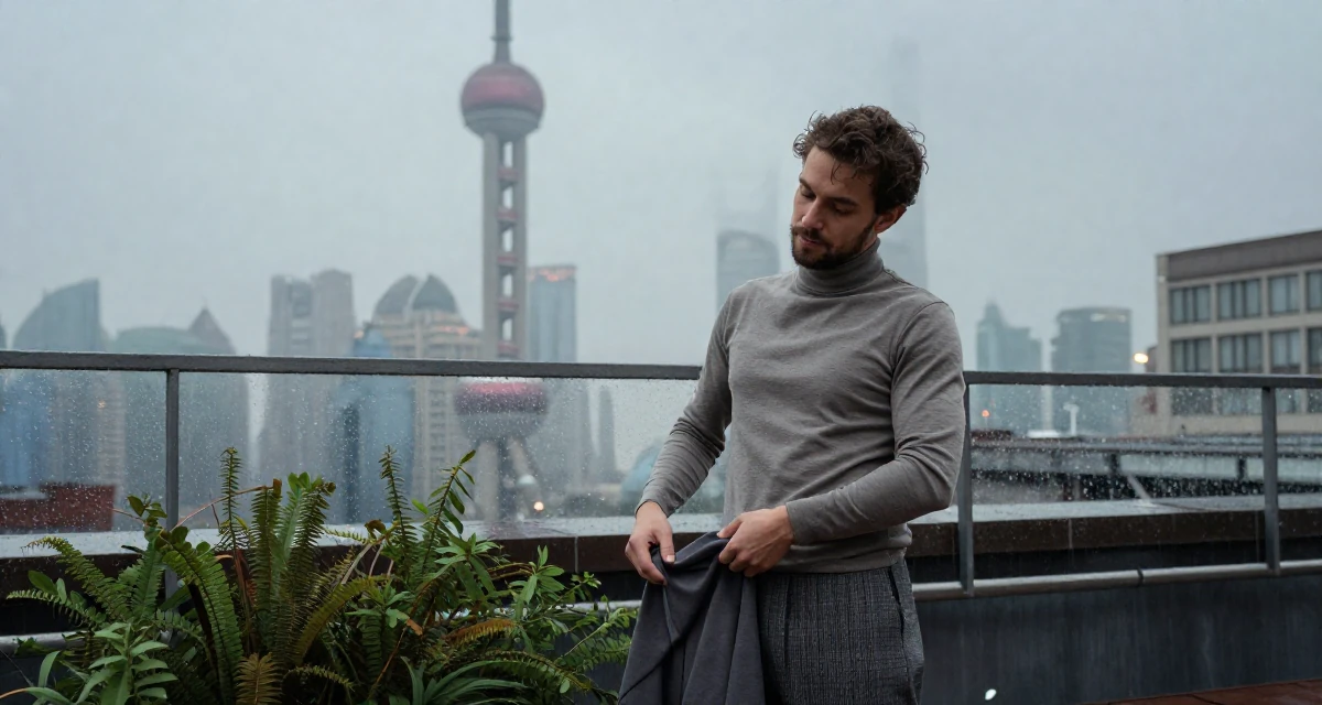 A gentle male From Poland, majored in international relations in their 22, facing early rejection and learning from it, wearing a fitted turtleneck and skirt, smoothing out clothes in a rooftop garden.