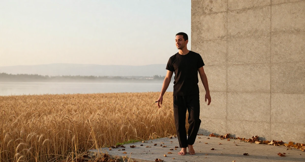 A warm and welcoming male From Athens Greece, learned movement expression through traditional dance in their 24, feeling a quarter-life crisis approaching, wearing a urban minimalist silhouette, holding a pen poised to write in a golden wheat field.