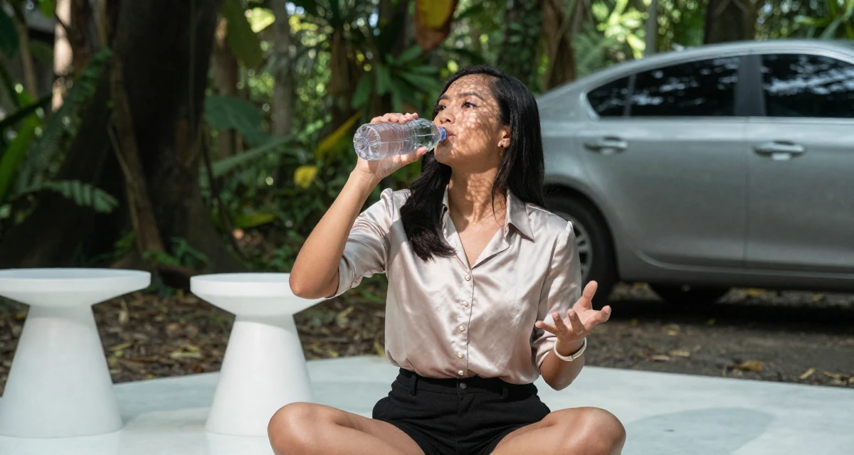 A self-assured Female From the Philippines, based in Davao, graduated from a communication program majoring in fan engagement dynamics in their 35, juggling co-parenting and a dating life, wearing a satin blouse with pearl buttons, drinking from a water bottle in a magical forest clearing.