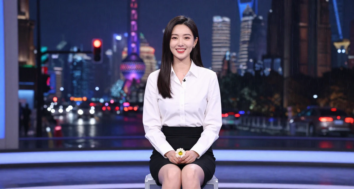 A cheerful Female From United States, majored in forestry studies in their 26, dealing with younger competition while finding identity, wearing a fitted white button-down shirt and a black pencil skirt, holding a flower in a tv set.