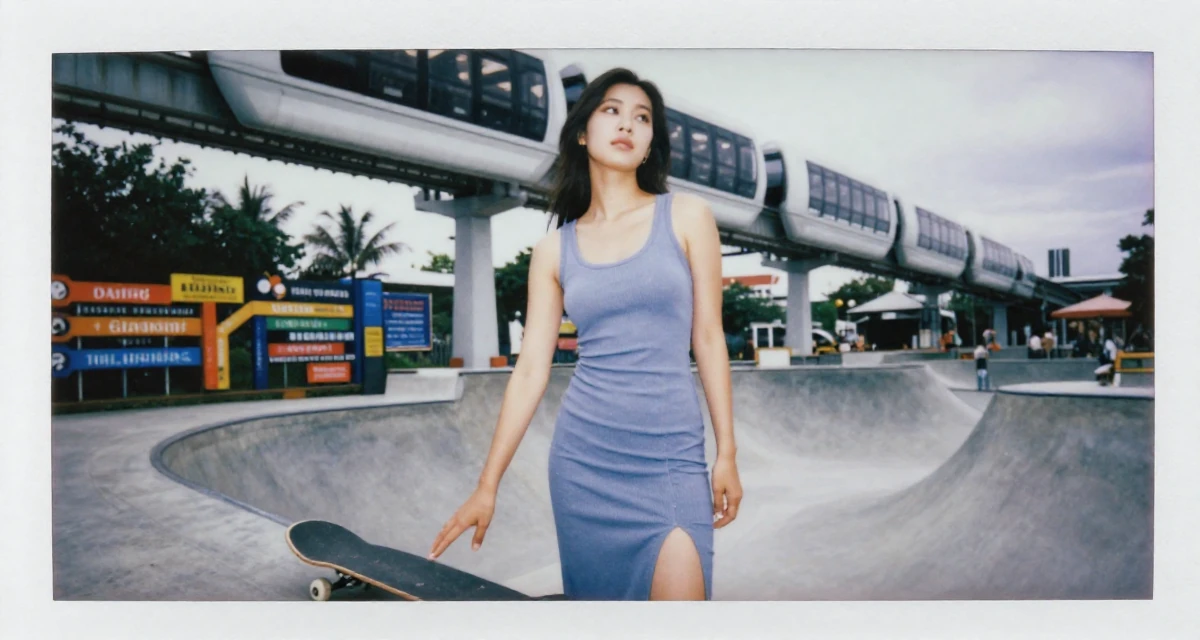 A alluring Female From Thailand, based in Phuket, graduated from a media academy majoring in tropical glamour production in their 25, preparing for larger adult responsibilities, wearing a tight ribbed midi dress with side slits, tapping a foot rhythmically in a skate park.