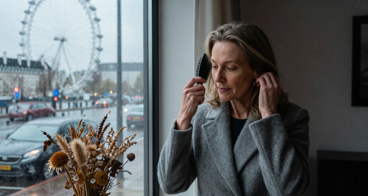 A calmly observant Female From Rotterdam Netherlands, practiced lifestyle videography and editing in their 40, defying stereotypes of aging women, wearing a elegant woolen coat styling, brushing hair away from the face in a home interior.