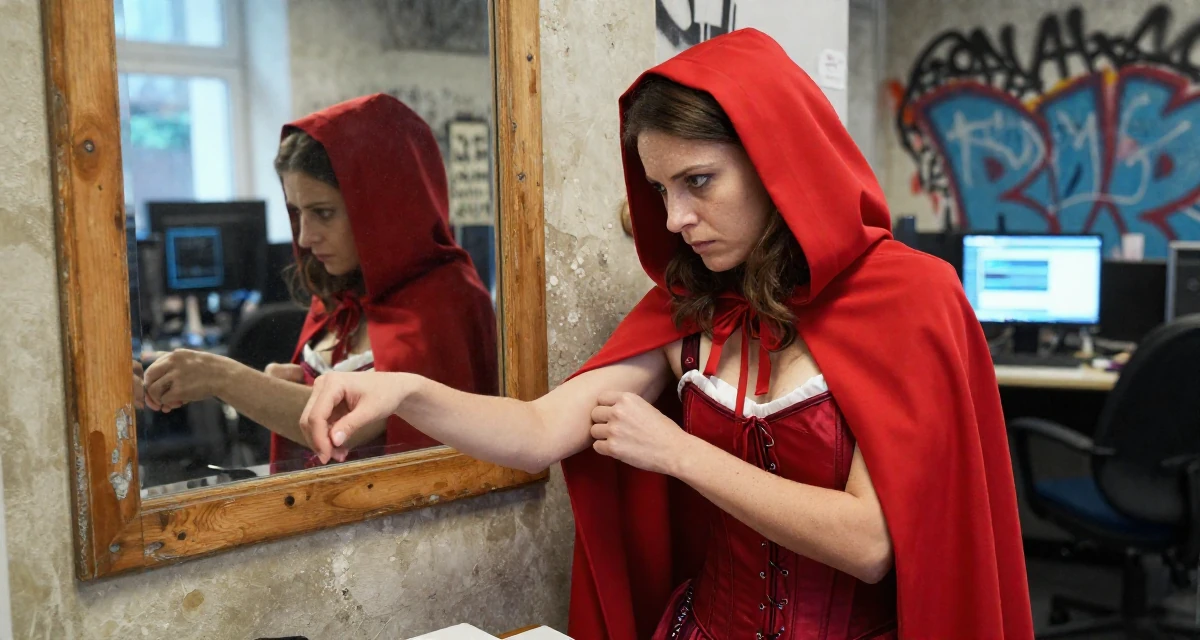 A seriously concentrated Female From Warsaw Poland, studied social psychology in their 48, sharing lessons learned from failure, wearing a red riding hood inspired cape and corset dress, adjusting sleeves in a cybernetic computer lab.
