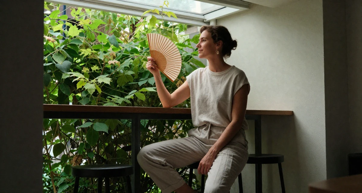 A harmonious Female From Amsterdam Netherlands, studied creative business in their 44, minimalist living with a focus on quality, wearing a clean, neutral-toned casual outfit, fanning self with a hand in a sunny patio.