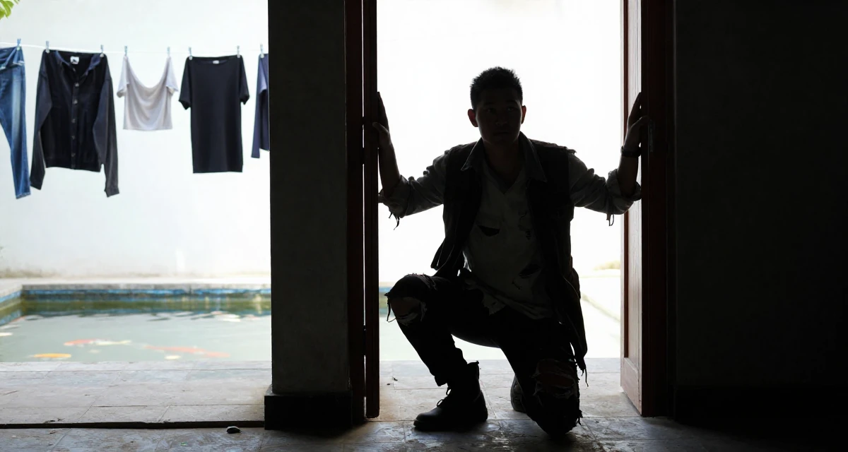 A calm and confident male From Mongolia, based in Ulaanbaatar, graduated from a national university majoring in media studies in their 21, constantly documenting life for an audience, wearing a zombie apocalypse survivor gear with torn clothes, pushing a door open in a basement studio.