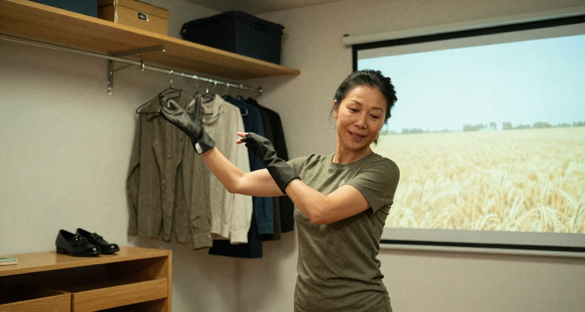 A satisfied Female From Chinese-speaking regions, majored in marketing analytics in their 50, exploring semi-retirement options, wearing a muted olive green tones, putting on a glove in a walk-in closet.