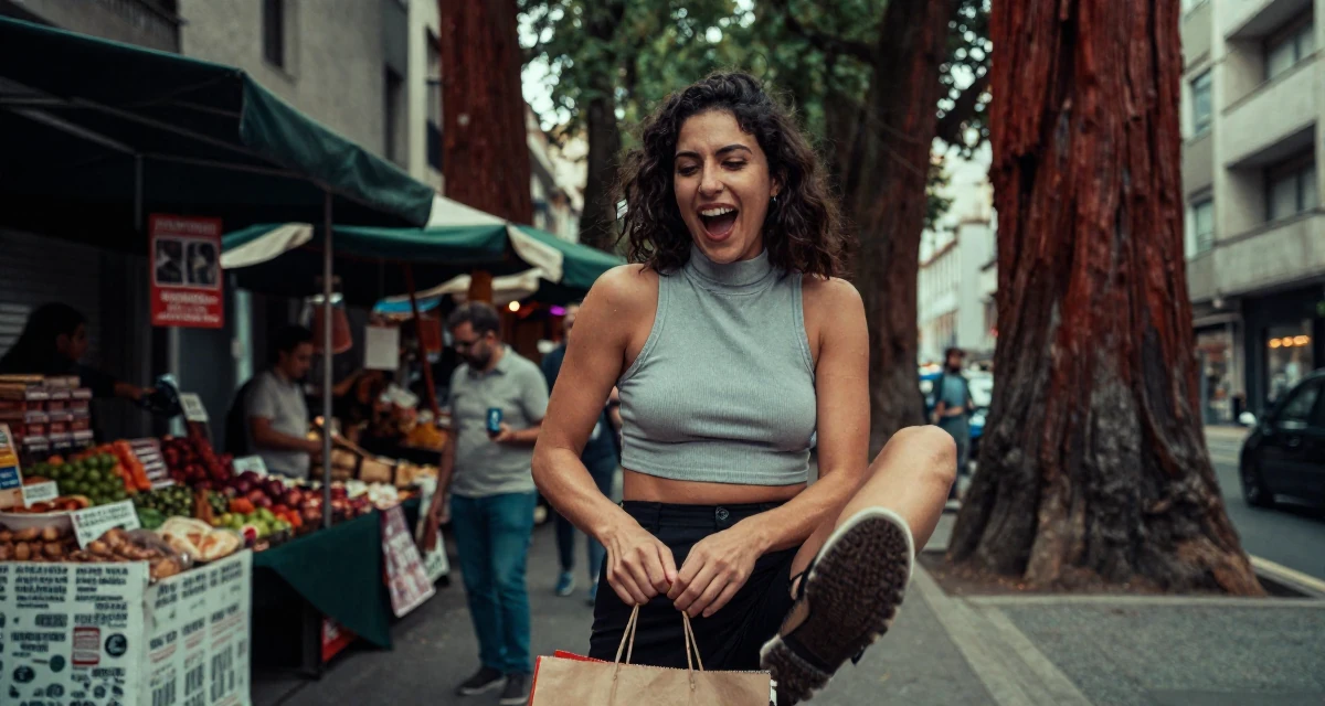 A ecstatic Female From Portugal, majored in digital storytelling in their 39, recently moved to a new city, wearing a high-neck sleeveless crop top showing toned arms, holding a shopping bag in a urban street.