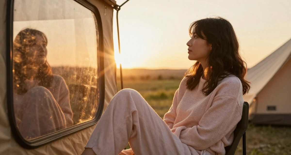 A dreamy Female Former graphic design student, now using visuals for intimate storytelling in their 25, establishing a distinct personal brand, wearing a soft pastel-colored ensemble, looking at a reflection in a window in a camping site.