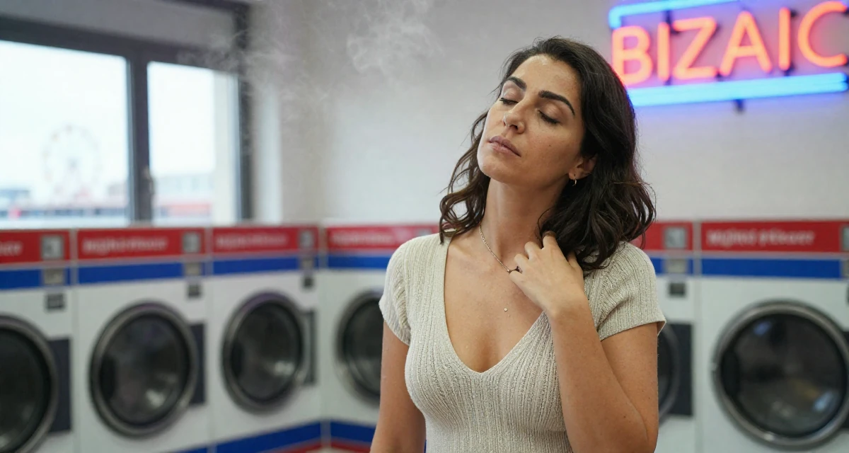 A solemn but kind Female From Turkey, based in Izmir, graduated from a communication faculty majoring in brand strategy in their 53, dealing with declining energy levels, wearing a soft knit dress with a plunging neckline, touching a necklace in a laundromat with neon signs.
