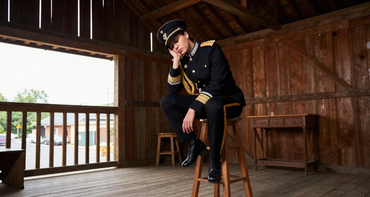 A melancholic yet beautiful Female Former street-dance trainee, now offering choreography-based fan content in their 42, finding peace in a slower intentional lifestyle, wearing a imperial officer uniform with a peaked cap, leaning head on a hand in a barn interior.