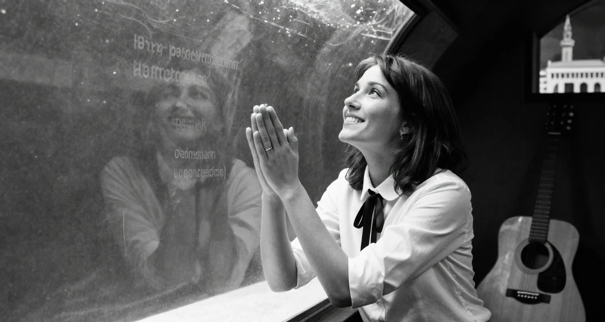 A joyful Female From Berlin Germany, holds a degree in media engineering in their 20, chasing creative dreams despite parental skepticism, wearing a white shirt with a black ribbon tie, rubbing hands together for warmth in a aquarium tunnel.