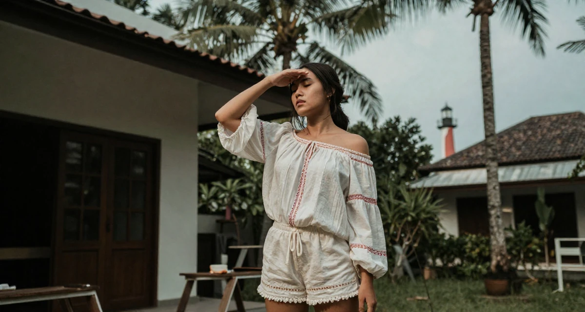 A bashful Female From Jakarta Indonesia, majored in fashion merchandising in their 42, renovating a forever home with detailed care, wearing a boho style off-shoulder peasant top and shorts, shading eyes with a hand in a wedding venue.