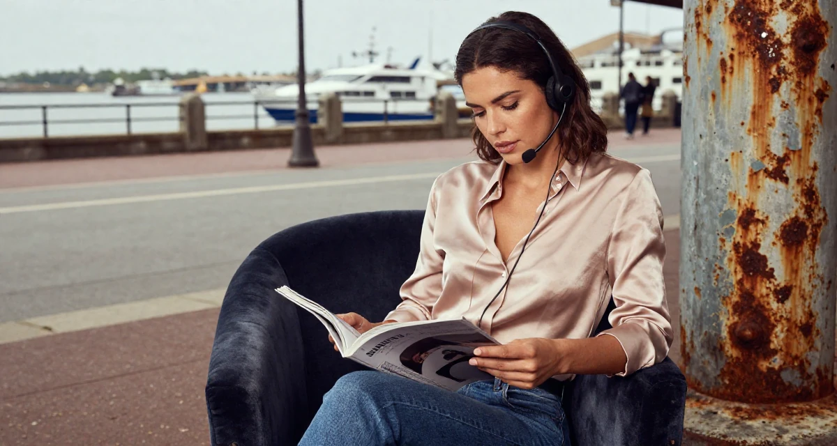 A magnetic Female Former call-center worker, now crafting confidence-centric creator content in their 24, refining a signature style between classy and daring, wearing a soft silk blouse and jeans, flipping through a magazine in a pedestrian plaza.