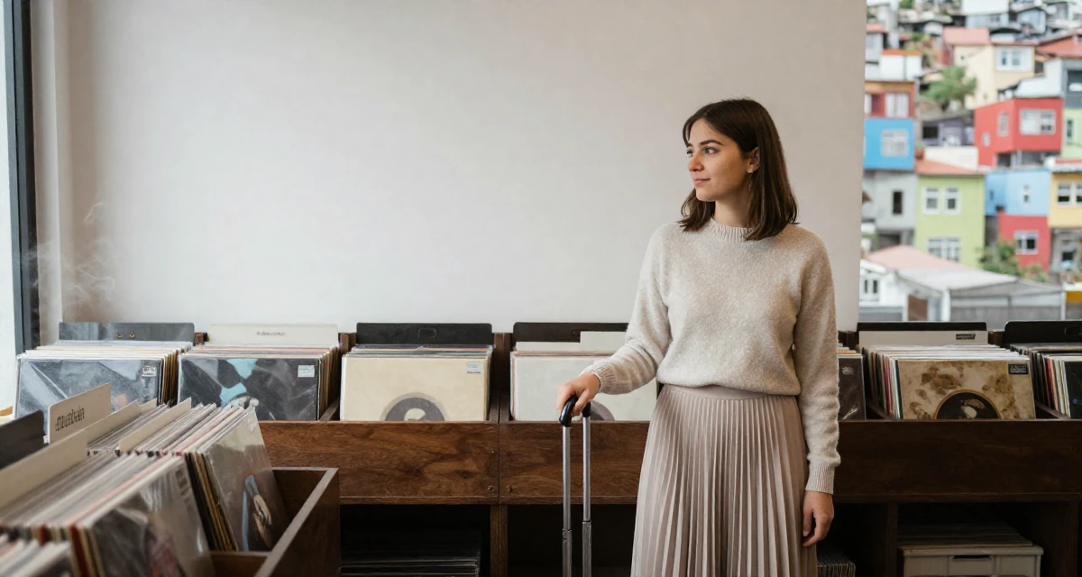 A amused Female From Germany, has a background in psychology in their 22, responding to fans while keeping emotional distance, wearing a soft cashmere sweater and a pleated midi skirt, polling a luggage handle in a vintage record store.