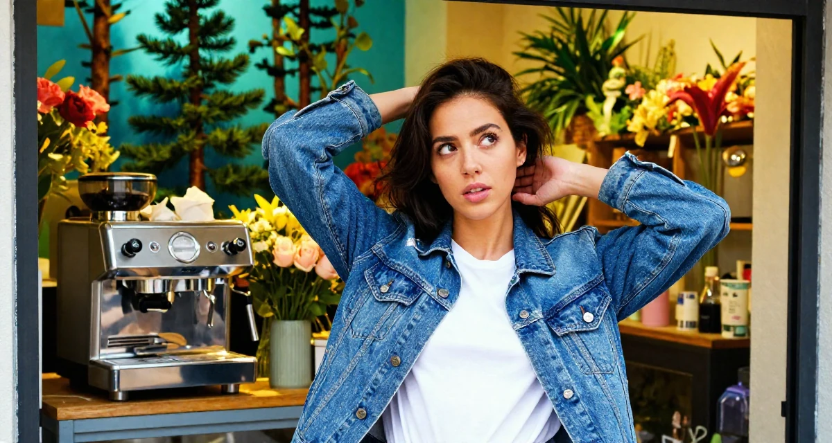 A coy Female Once a supermarket clerk, now building a slow-life creator brand in their 23, managing early burnout from overcommitment, wearing a classic denim jacket and white tee, stretching the neck in a flower shop entrance.