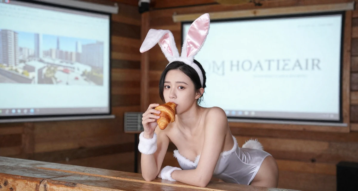 A melancholic yet beautiful Female Previously a paramedic trainee, now focusing on fitness and resilience content in their 23, building first professional networks, wearing a playful bunny girl costume with satin ears and cuffs, eating a croissant in a rustic wooden cabin interior.