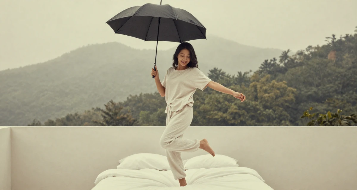 A smiling gently Female From South Korea, studied textile design and fashion in their 30, seeking adventure and outdoor challenges, wearing a soft organic cotton clothing, holding an umbrella in a minimalist bedroom.