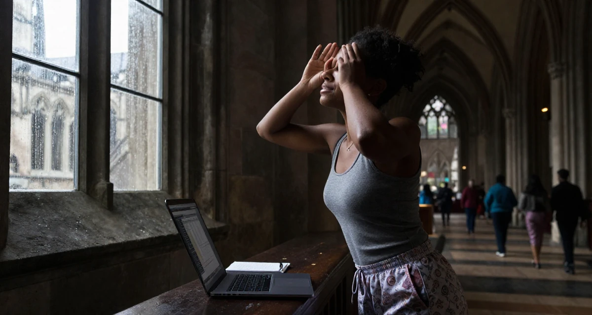 A relaxed and carefree Female Raised in Kenya, studied digital entrepreneurship in their 22, adjusting workflow to avoid late-night editing sessions, wearing a fitted racerback tank and pajama shorts, covering eyes from the sun in a gothic cathedral interior.
