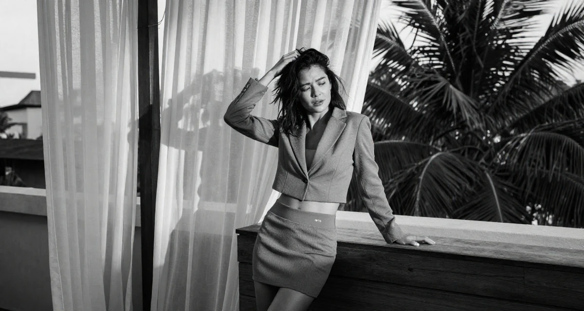 A emotional Female Once a gym receptionist, now building her own fan-driven fitness brand in their 43, creating a supportive space for menopause, wearing a cropped tailored jacket and matching mini skirt, messing up hair playfully in a rooftop terrace at sunset.