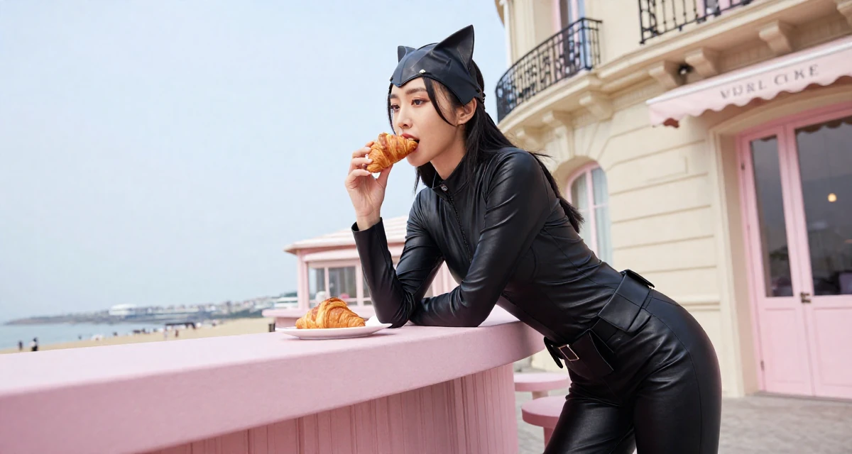 A cool and collected Female From China, based in Chengdu, graduated from a vocational college majoring in digital communication in their 37, sharing tips for successful networking, wearing a tight leather cat burglar suit with a utility belt, eating a croissant in a beach bar.