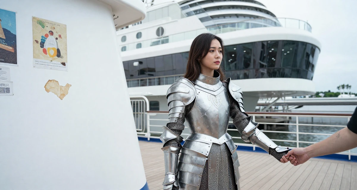 A dazed Female From Singapore, has a degree in business management in their 22, becoming more aware of personal boundaries with fans, wearing a fantasy warrior princess armor made of silver metal, holding hands with someone unseen in a cruise ship deck.