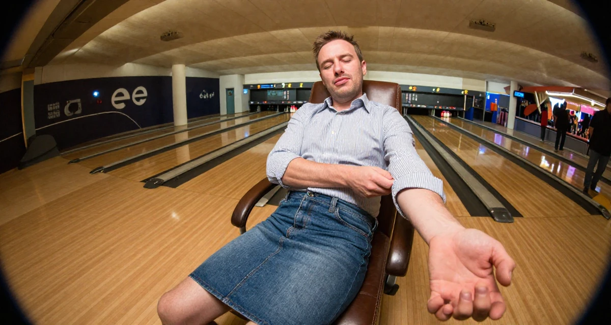 A spirited male From Copenhagen Denmark, majored in architecture in their 38, reviewer of high-end tech products, wearing a striped button-down shirt tucked into a denim pencil skirt, adjusting sleeves in a bowling alley.