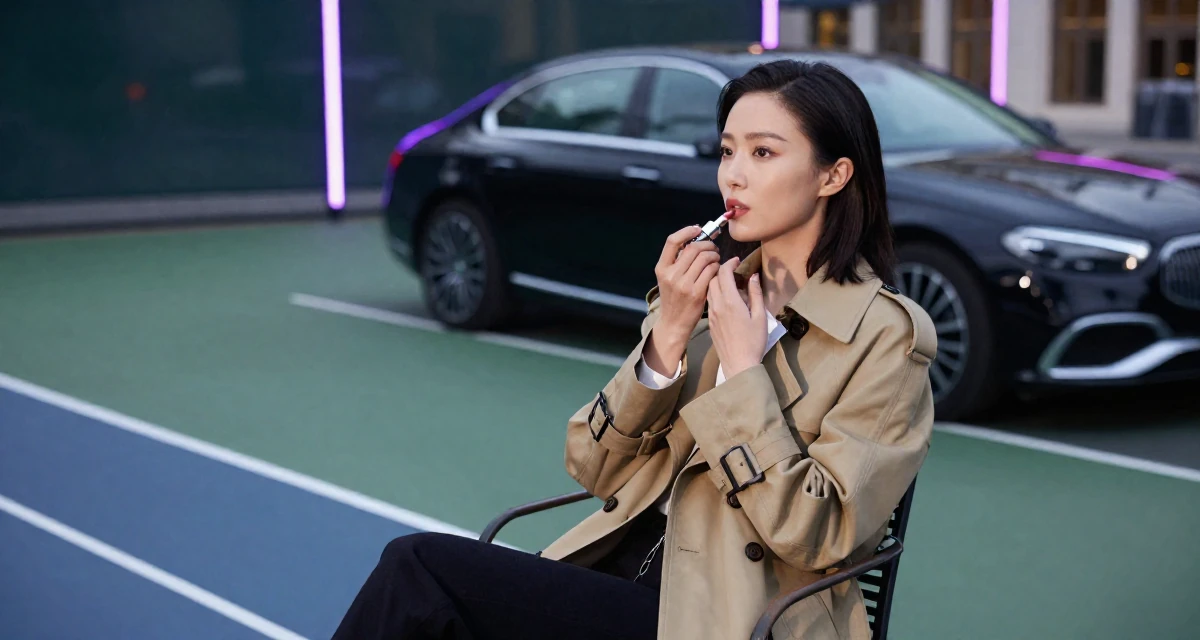 A arrogant Female Once a logistics temp worker, now enjoying flexible creator life in their 23, analyzing which posts convert best, wearing a stylish trench coat over basics, applying lipstick in a tennis court.