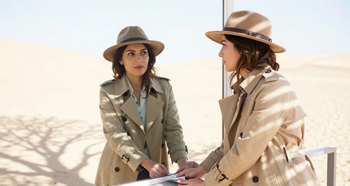 A reflective Female From Spain, has a degree in fine arts in their 32, newly married and adjusting to shared finances, wearing a detective trench coat and fedora hat, leaning on a railing in a desert sand dunes.