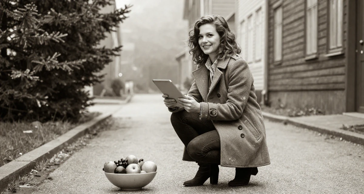 A relaxed and happy Female From Bergen Norway, studied business economics in their 25, wearing a tailored coat and looking sharp, wearing a retro 90s casual vibe, holding a tablet in a quiet alleyway.