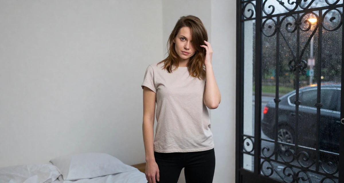 A confident Female From Russia, majored in international trade in their 44, handling high healthcare expenses, wearing a minimalist everyday clothing, pushing hair from face in a minimalist bedroom.