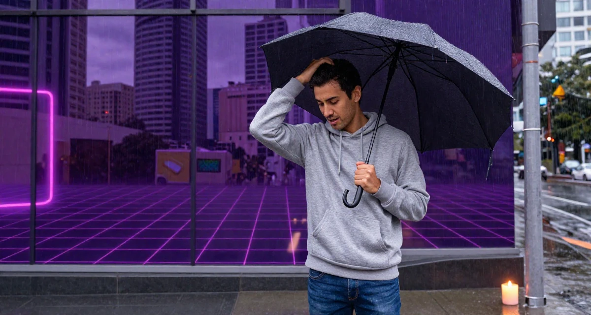 A inspired male From Brisbane Australia, majored in physiotherapy in their 25, struggling with academic workload, wearing a classic grey hoodie and jeans, shaking rain off an umbrella in a rainy street corner.