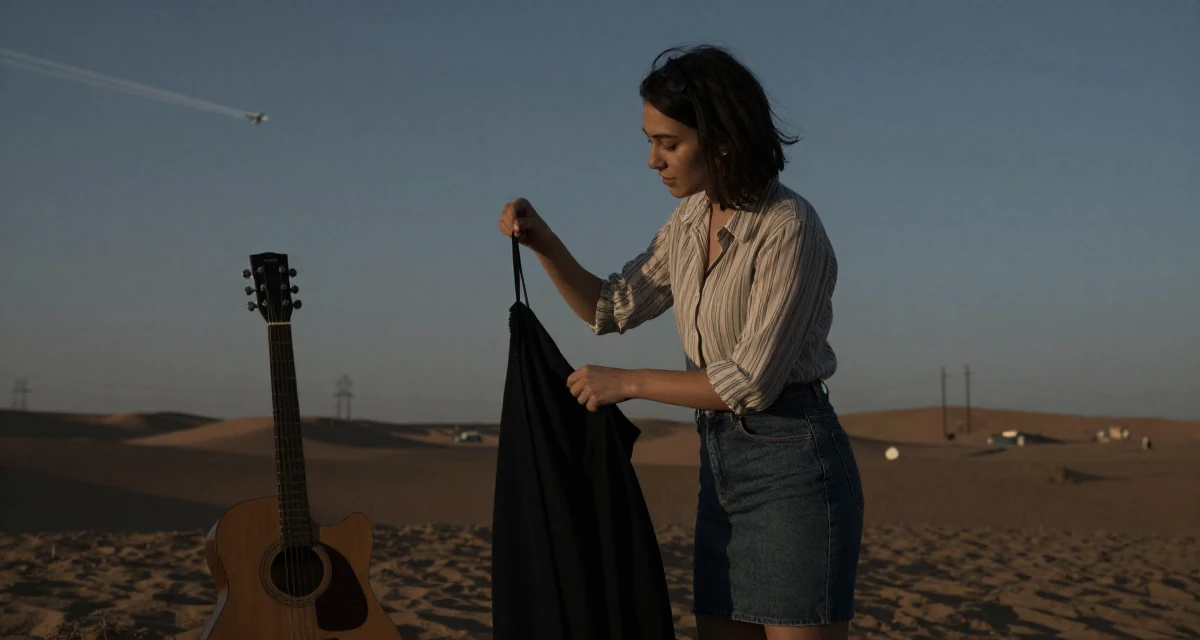 A focused Female Previously a pastry student, now blending dessert aesthetics with lifestyle content in their 23, trying to collaborate with other creators for visibility, wearing a striped button-down shirt tucked into a denim pencil skirt, smoothing down a dress in a desert landscape.