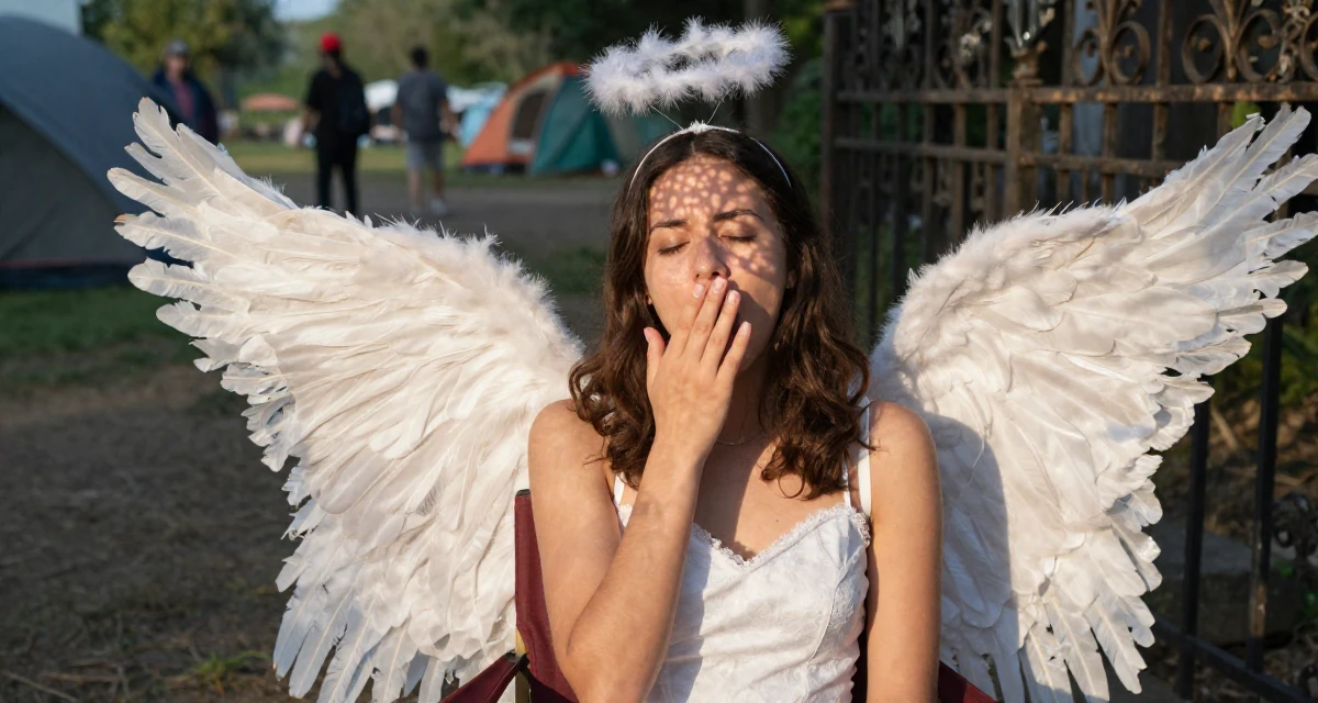 A tranquil Female From United States, majored in development economics in their 22, learning how music influences the sexy vibe of content, wearing a angel costume with large feathered wings and a halo, stifling a yawn in a camping site.