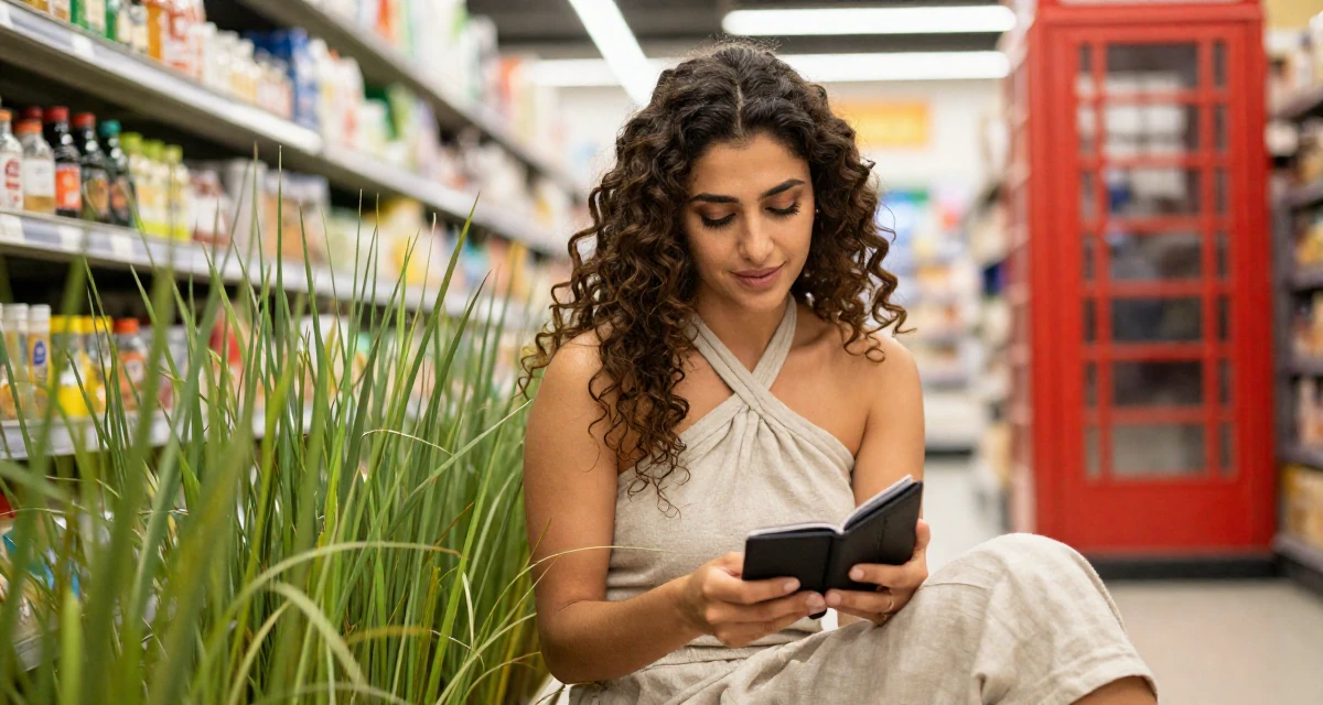 A warm Female From Afghanistan, majored in agricultural science in their 22, hit hard by the reality of entry-level wages, wearing a criss-cross halter neck top and linen shorts, checking a wallet in a supermarket aisle.