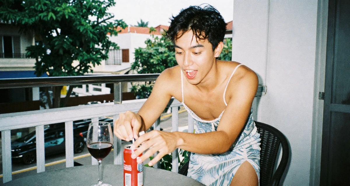 A playful and energetic male From Malaysia, majored in international business in their 23, discovering how makeup transforms flirty confidence, wearing a spaghetti strap summer dress with a high slit, opening a soda can in a sunny patio.