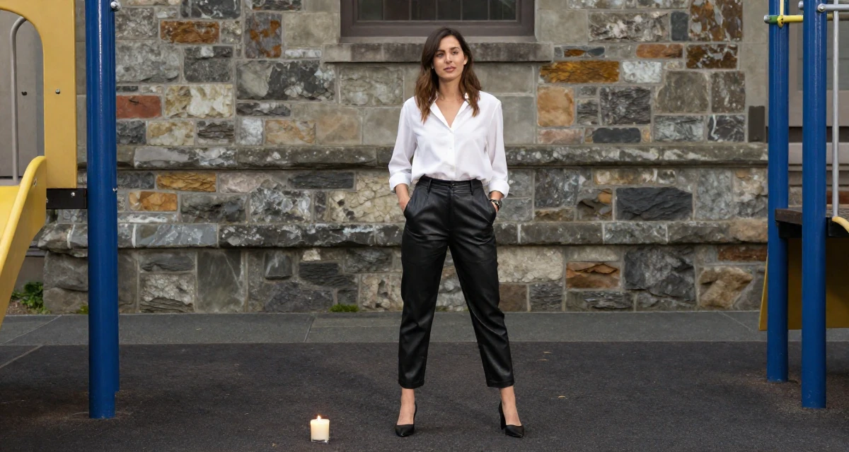 A coy Female From New Zealand, majored in landscape architecture in their 31, digital nomad setting up a base in a new city, wearing a black leather trousers and a crisp white blouse, putting hands in pockets in a school playground.
