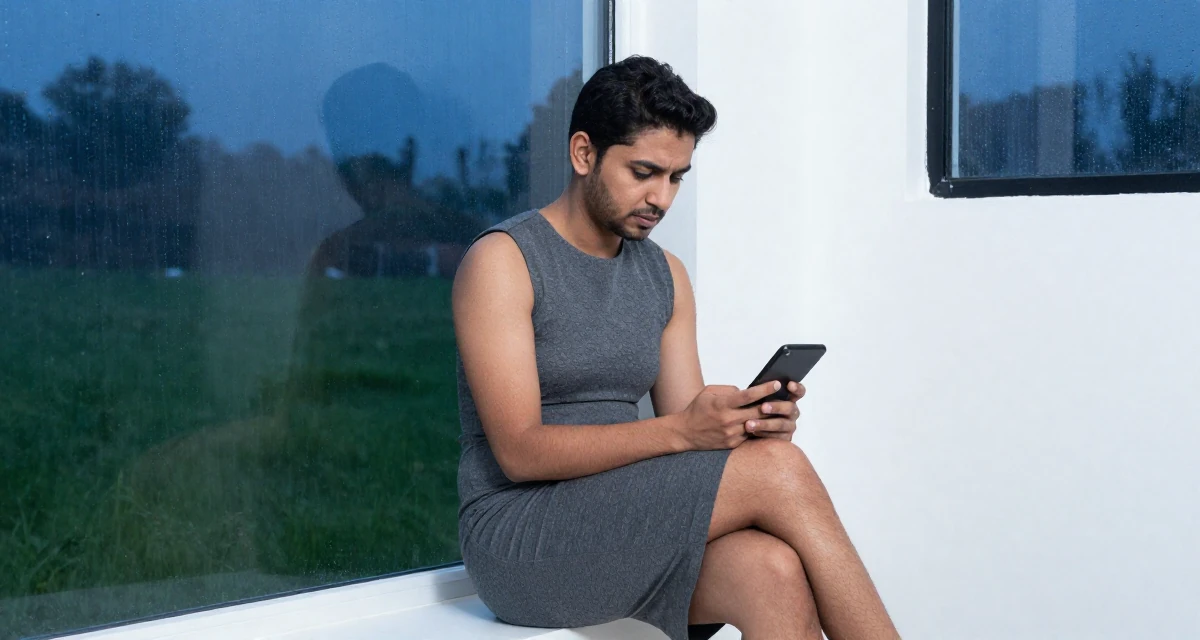 A stressed male From Nepal, based in Pokhara, graduated from a local college majoring in entrepreneurship in their 29, solidifying professional reputation, wearing a sheath dress in charcoal grey that hugs the curves, scrolling casually in a grassy field.