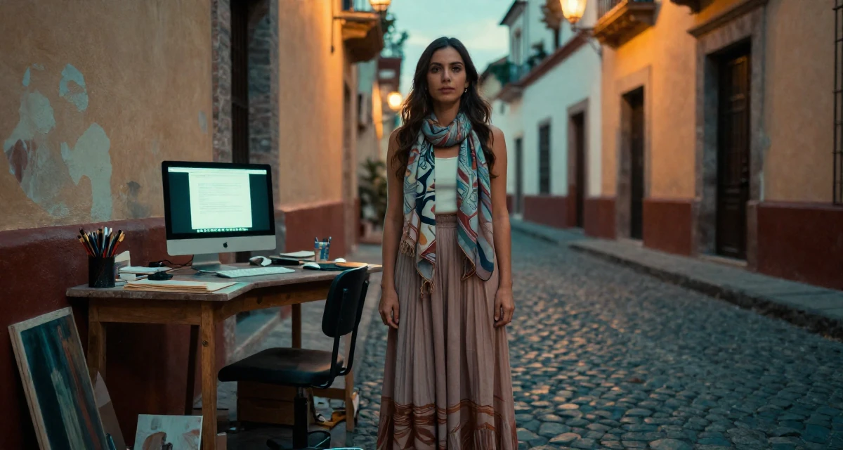 A steady Female From Guadalajara Mexico, majored in business analytics in their 38, investing in real estate and passive income, wearing a flowing maxi skirt and top, wrapping a scarf around the neck in a artist workshop.