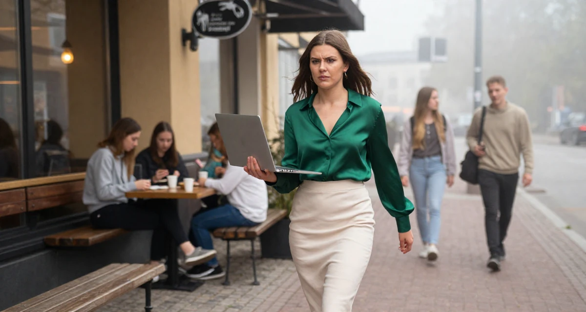 A intense and captivating Female From Finland, based in Tampere, graduated from a tech university majoring in human-centered design in their 21, realizing childhood friends are drifting away, wearing a emerald green silk blouse and a cream skirt, holding a laptop in a coffee shop corner.