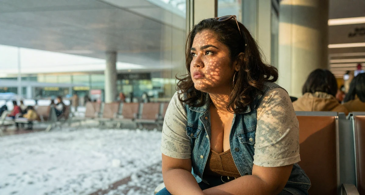 A assertive Female From Jakarta Indonesia, developed body-positive messaging through community work in their 25, hiding early creator work from family and classmates, wearing a retro 90s casual vibe, looking out the window in a airport departure lounge.
