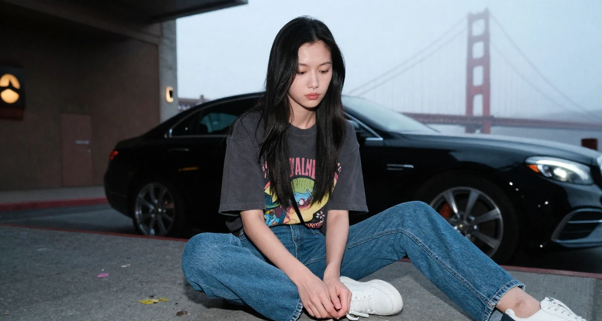 A zoned out Female From Chinese-speaking regions, studied mechanical design in their 22, comparing growth with other creators and feeling pressure, wearing a laid-back graphic tee and jeans, picking something up in a cinema lobby.