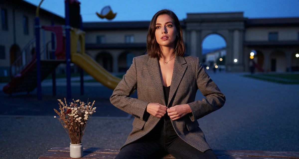 A open and honest Female From Florence Italy, majored in sculpture arts in their 23, using confidence as the core of seductive branding, wearing a refined casual Friday look, buttoning up a jacket in a school playground.