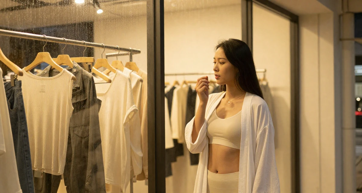 A zen-like Female From Malaysia, based in Penang, graduated from a private university majoring in digital media in their 23, investing more time in self-marketing, wearing a soft cotton underwear set worn with an open robe, humming a tune visually in a clothing boutique.