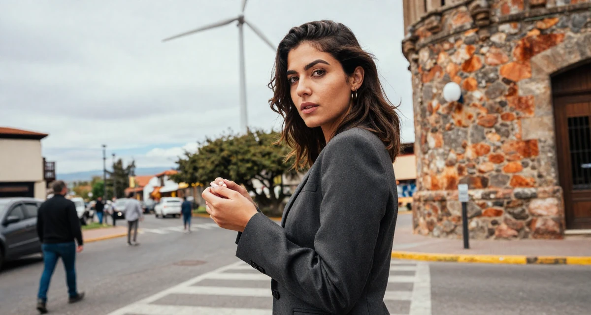 A sophisticated Female From Paraguay, majored in accounting in their 25, feeling empowered posting subtly provocative looks, wearing a sleek modern tailored look, inspecting fingernails in a busy intersection.