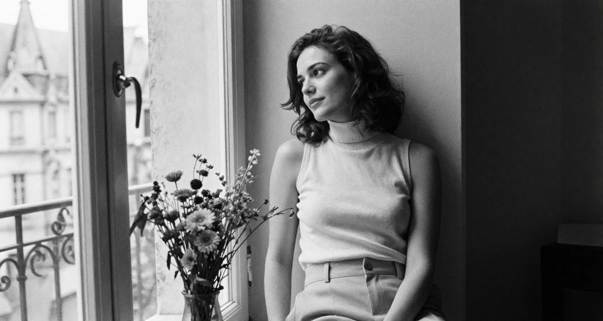 A gentle and kind Female From Paris France, majored in cultural studies in their 22, realizing their parents were right about sleep, wearing a sleeveless turtleneck top and tailored cigarette pants, looking at a reflection in a window in a cozy reading nook by a window.
