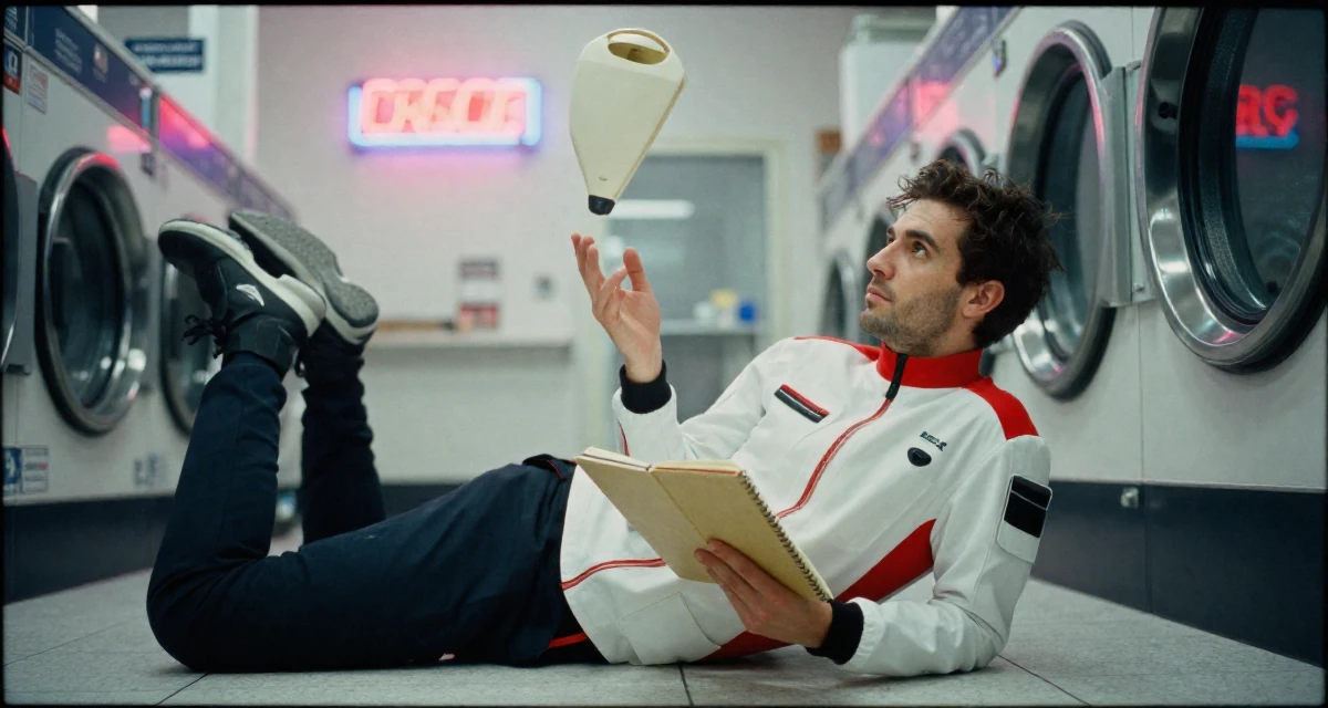 A moody male From Canada, trained in advertising and branding in their 23, juggling sensual creativity with real-life responsibilities, wearing a futuristic medic uniform with white and red details, holding a notebook in a laundromat with neon signs.