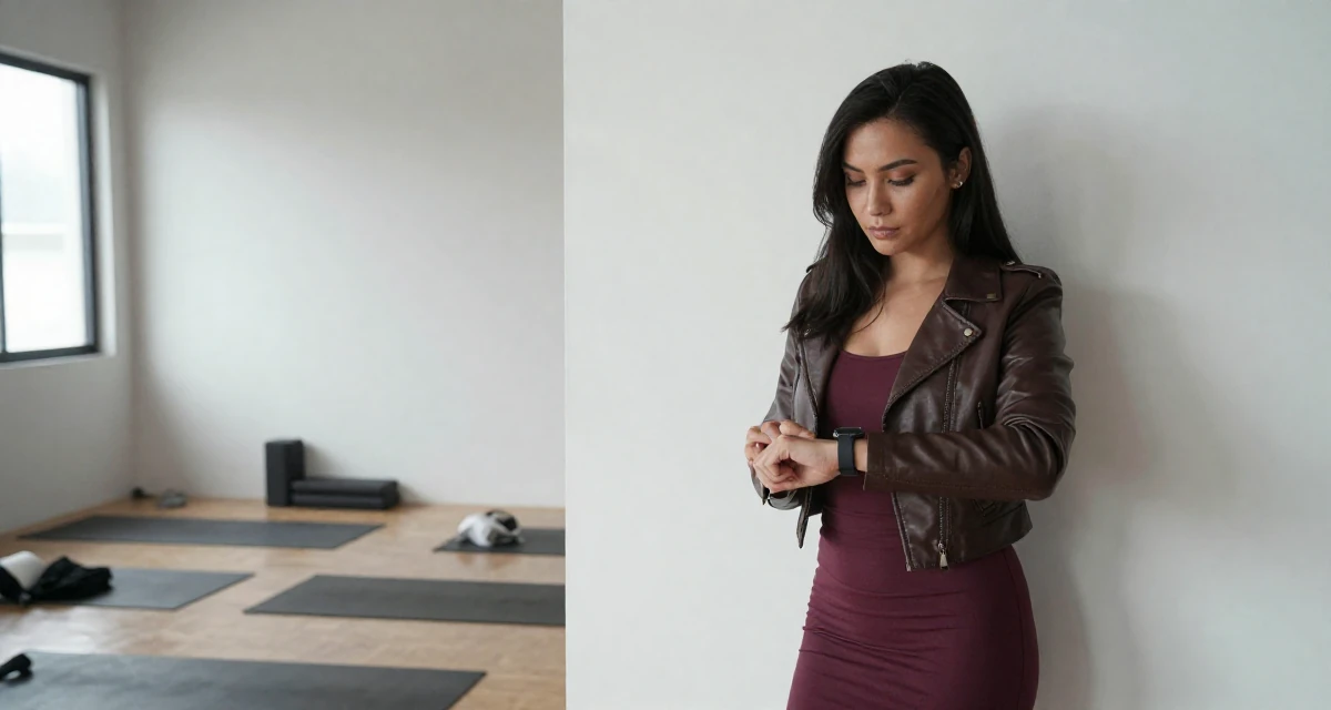 A self-assured Female From Johor Malaysia, studied early childhood education in their 25, focusing on deep meaningful friendships, wearing a cropped leather jacket and a bodycon dress, checking a wristwatch in a yoga studio.