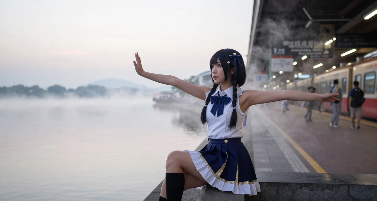 A cool and collected Female From Malaysia, based in Penang, graduated from a private university majoring in digital media in their 35, enjoying a peak physical and mental state, wearing a anime idol stage costume with ribbons and glitter, stretching arms after waking in a museum exhibit.